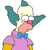 Pixelated cartoon character with light skin, large white eyes, and a pink nose wearing a purple shirt, blue bow tie, yellow sleeves, and teal hat. The head is tilted right with arms raised.