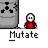 A 4x4 contact sheet of a pixel art animation showing a character mutating from a small red figure into a larger green creature with horns, displayed on a gray background.