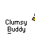 Animated contact sheet showing 17 frames of a pixelated 'Clumsy Buddy' icon with yellow stick figure, white head, and musical notes in various positions across sampled frames.