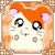 Pixelated cartoon hamster with orange fur on head, white face, pink cheeks and ears, large black eyes, small nose, smiling mouth, brown border.