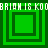 Green square with four nested square patterns and repeated white text "BRIAN IS KO" across top and bottom edges