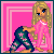 A 5x4 contact sheet of pixel art frames showing a blonde cartoon girl in pink pajamas holding a dark green star-patterned object against a bright pink background with white border, forming the phrase "Don't make me beg" across sequential frames.
