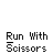 Pixelated character with white head and red collar runs holding scissors, blue motion trails visible