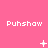 Pixelated pink background with repeated "Puhshow" text and changing white symbols across three