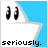 Pixelated static icon featuring two black stick figure eyes on a white background with blue corner, and the word 'seriously.' in pixel font at bottom.