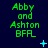 Green text reading 'Abby and Ashton BFR' on dark blue background with animated cyan plus signs, Xs, dots, and small star-like shapes appearing in different positions across frames.