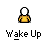 Pixel art icon of a person in a yellow shirt with a white head, shown in multiple states including sleeping with 'z' symbols and being woken by a pointing hand, with 'Wake Up' text below.