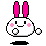 Pixelated bunny with pink ears and cheeks, white body, black eyes, smiling face, small round nose, four distinct poses showing mouth and hand movements.