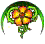 Animated contact sheet showing five sequential frames of a buddy icon featuring a flower with green leaves and golden text that changes across frames.