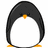 Pixelated penguin with black head, white body, orange beak and feet on white background; blue with 'my friend...' text; blue with 'Boo' text; gray