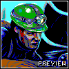 Pixel art of a character wearing a green helmet with goggles and blue accents, set against a black background with cyan lines.