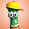 Pixelated cartoon character with green body, large white eyes, yellow cap with red brim and tip, striped lower section, and single white mark on chest against peach background.