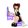 Pixel art of a character with brown hair in buns, blue eyes, and black clothing sitting on a purple chair with a small white cat, next to a vanity with bottles and a mirror.
