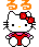 Pixel art Hello Kitty with red bow and pink dress, two states: left has orange swirls above head; right shows closed eyes, raised arms, and floating heart/sparkles.