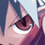 Pixelated close-up of a character's eye with pink fur and dark hair, set against a blue background.