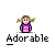 A 5x4 contact sheet of pixel art animated frames showing a cartoon girl character in various poses with pink clothing and brown pigtails, each labeled "Adorable" below the icon.
