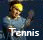 Pixelated image of a person with brown hair and yellow highlights wearing a light blue shirt, raising one arm against a dark background with white text reading "Tennis" at the bottom.
