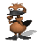 Animated cartoon bird with brown body, black beak and feet, white eyes with black pupils, performing sequential hand gestures against a plain background.