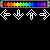 small, pixelated icons featuring directional arrows in cyan and white on a black background with rainbow gradient bars above each