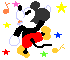 Pixelated Mickey Mouse character in red shorts and yellow shoes, surrounded by colorful stars on gray background.