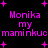 Pixelated pink text and plus signs on black background, with repeated 'Monika my maminque' phrases in two
