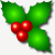 Pixelated holly cluster with three red berries and four green leaves on a white background.