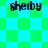 Four identical pixelated 'shelby' text labels on a green and cyan checkered background with varying diamond and square patterns.