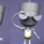 Pixelated character with dark face, white helmet, and yellow-accented torso holding a curved object against purple background.