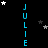 Vertical blue text spelling "JULIE" repeated four times on black background with scattered white and gray stars, one gray rectangle in bottom-right corner.