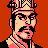 Pixelated portrait of a man with dark hair and mustache wearing a pinkish-red headpiece, black clothing, and a checkered necklace against an orange background.