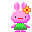 Pixel art bunny with pink body, green dress, and orange flower accessory; left bunny has red mouth, right bunny has black mouth.