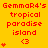 A yellow background displays red text reading "Gemmar4's tropical paradise island" with a heart symbol and a '<3' emoticon, showing animated heart variations on the left side.