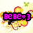 Pixelated icon with 'bebe' text and heart symbol, featuring three color variations of the main text against a floral background.