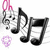 Animated icon with musical notes, pink 'Oh' text, and purple hearts on white background with gray