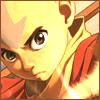 Close-up of an anime-style character with light brown hair, large brown eyes, and a red garment, rendered in warm yellow-orange tones.