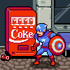 Pixel art of Captain America standing next to a red Coca-Cola vending machine with five drink slots, holding his shield.