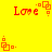 Red pixelated text "Love" with orange square symbols on a yellow background, animated with alternating visible and missing elements.