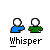 Two pixelated figures with white heads, blue and green bodies, in various poses above the word 'Whisper' on gray background.