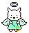 Pixelated white cat-like figure with red cheeks, black eyes and nose, wearing light green robe with yellow pendant, standing against gray background.