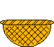Pixelated animation of a gray cat with black stripes peeking from a yellow woven basket, showing sequential movements.