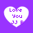 Four white heart-shaped icons with purple text on a solid purple background, each displaying 'Love You JJ B' in pixelated font.