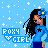Pixel art buddy icon featuring a cartoon character with long black hair wearing blue clothing and a flower hat, set against a light blue background with white star shapes.