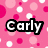 Pixelated pink background with white and magenta dots, featuring bold black-outlined text reading 'Carly' in a retro digital font.