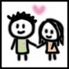 Pixelated cartoon of two stick figures holding hands with a pink heart above them on white background.