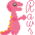 Pixelated pink dinosaur with yellow spots stands facing right, mouth open in a smile, holding a pixelated pink symbol resembling 'R' above four other symbols.