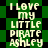 Green and black checkered background with repeated text 'I LOVE MY LITTLE PIRATE ASHLEY' in light-colored pixelated font.