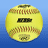 A yellow softball with red stitching and black text on a blue gradient background, next to pixelated blue text reading "Rip-Tide Pitcher" and "Kai Smith" on a bright yellow field.