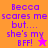 Pixelated text reads "Becca scares me but.... she's my BFF!" with a star symbol, displayed across four color-blocked sections.