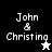 Pixelated text 'John & Christina' appears on black, white, and gray backgrounds with star symbols changing between frames.