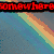 Four display rainbow-themed pixel art with text overlays; top-left shows a diagonal rainbow on gray, top-right features a dripping rainbow over clouds, bottom-left has a distorted rainbow effect, and bottom-right presents a smooth rainbow arching over white clouds
